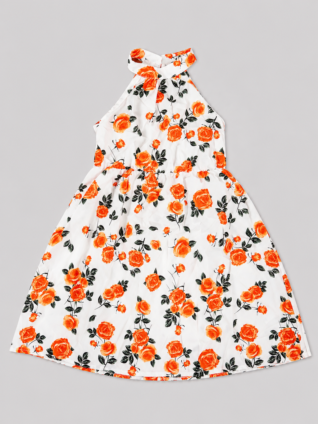 Girls' white halter dress with vibrant orange floral print. Lightweight, breathable, and perfect for birthdays, vacations, weddings, family photos, and summer celebrations.