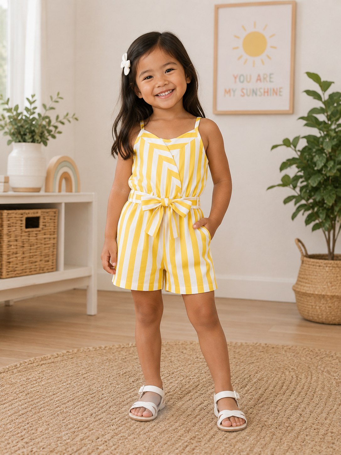 Yellow & White Striped Bow Romper