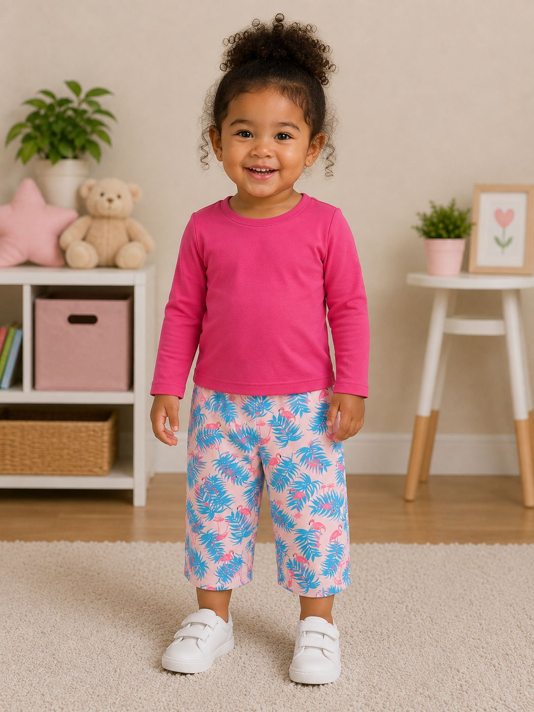 A toddler girl stands smiling in a bright room, wearing a bright pink long-sleeve top and pink pants with a blue and white tropical leaf pattern, paired with white shoes.