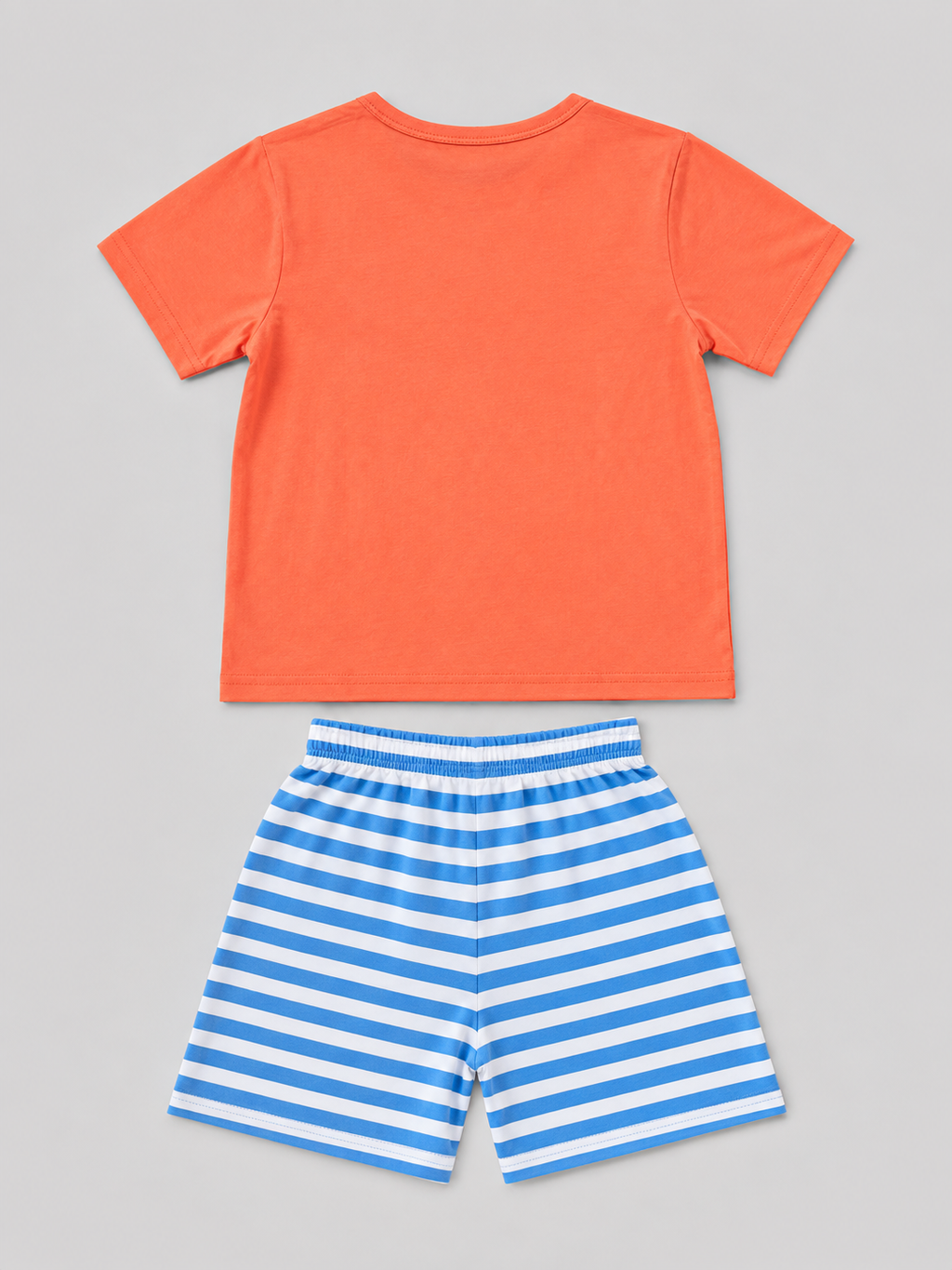 Shop this fun boys’ 2-piece gaming outfit featuring a coral-orange “Next Level” graphic T-shirt and coordinating blue-and-white striped shorts. Perfect for playtime and everyday wear.