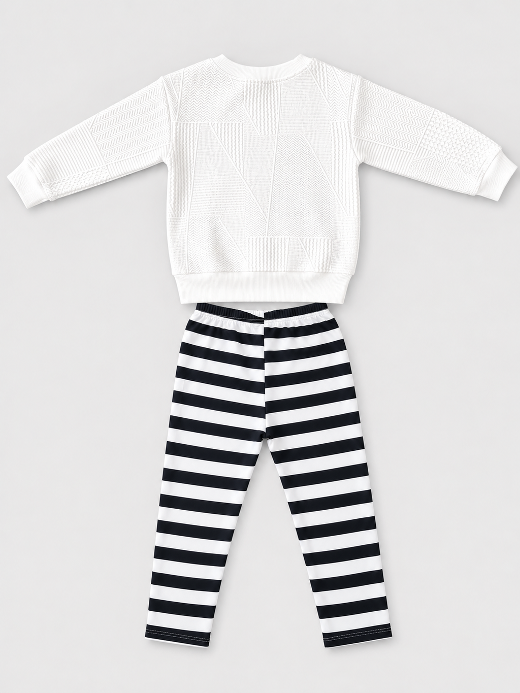 Girls white textured sweatshirt and black-and-white striped pants two-piece set, back view, size 4–5Y.