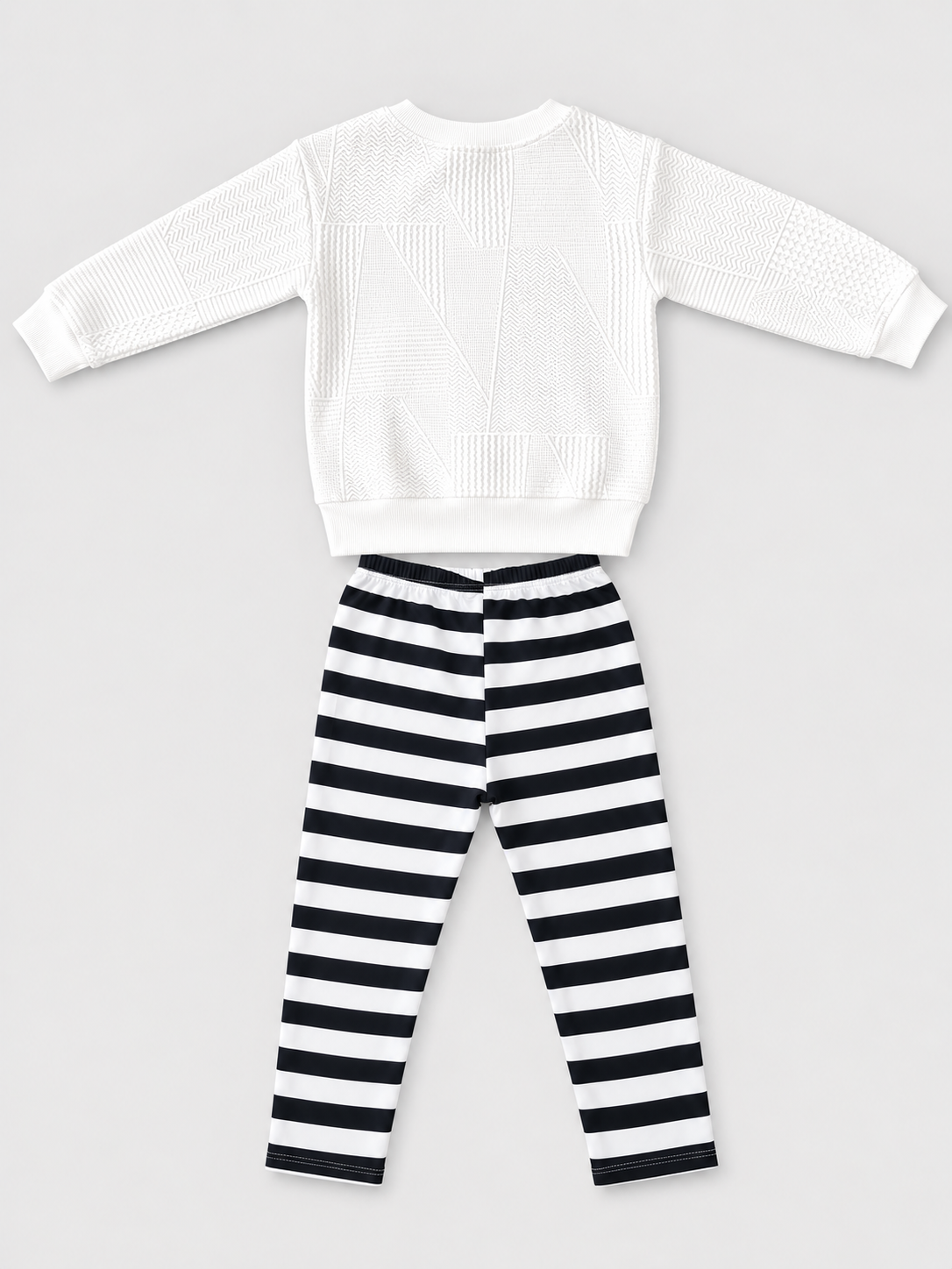 Girls white textured sweatshirt and black-and-white striped pants two-piece set, back view, size 4–5Y.