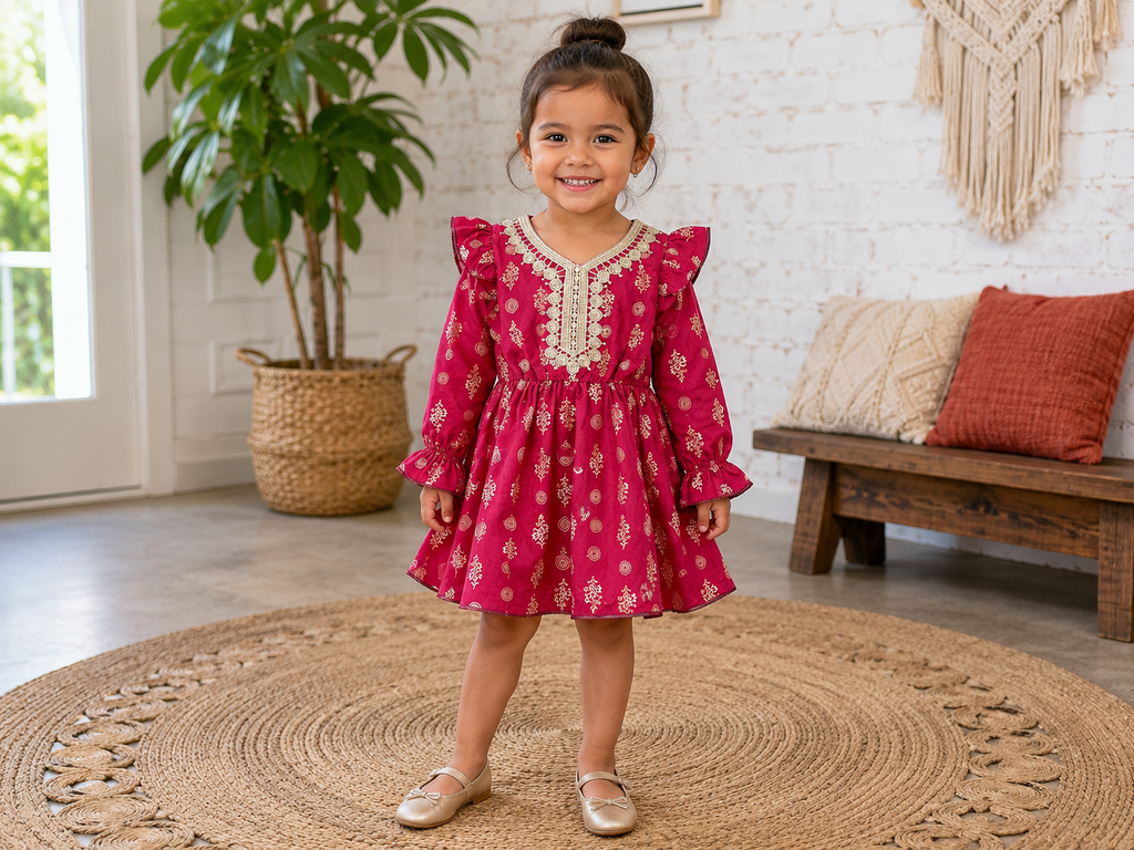 A young girl stands smiling on a round woven rug in a bright room, wearing a bright pink dress with white floral prints and a white embroidered neckline.