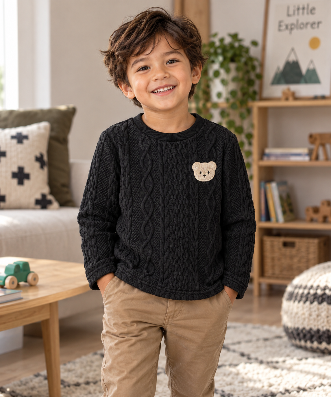 Black Cable-Knit Teddy Bear Long-Sleeve Top