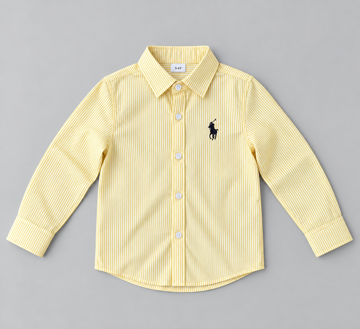 Boys yellow and white striped long-sleeve button-up shirt with embroidered equestrian-style chest detail