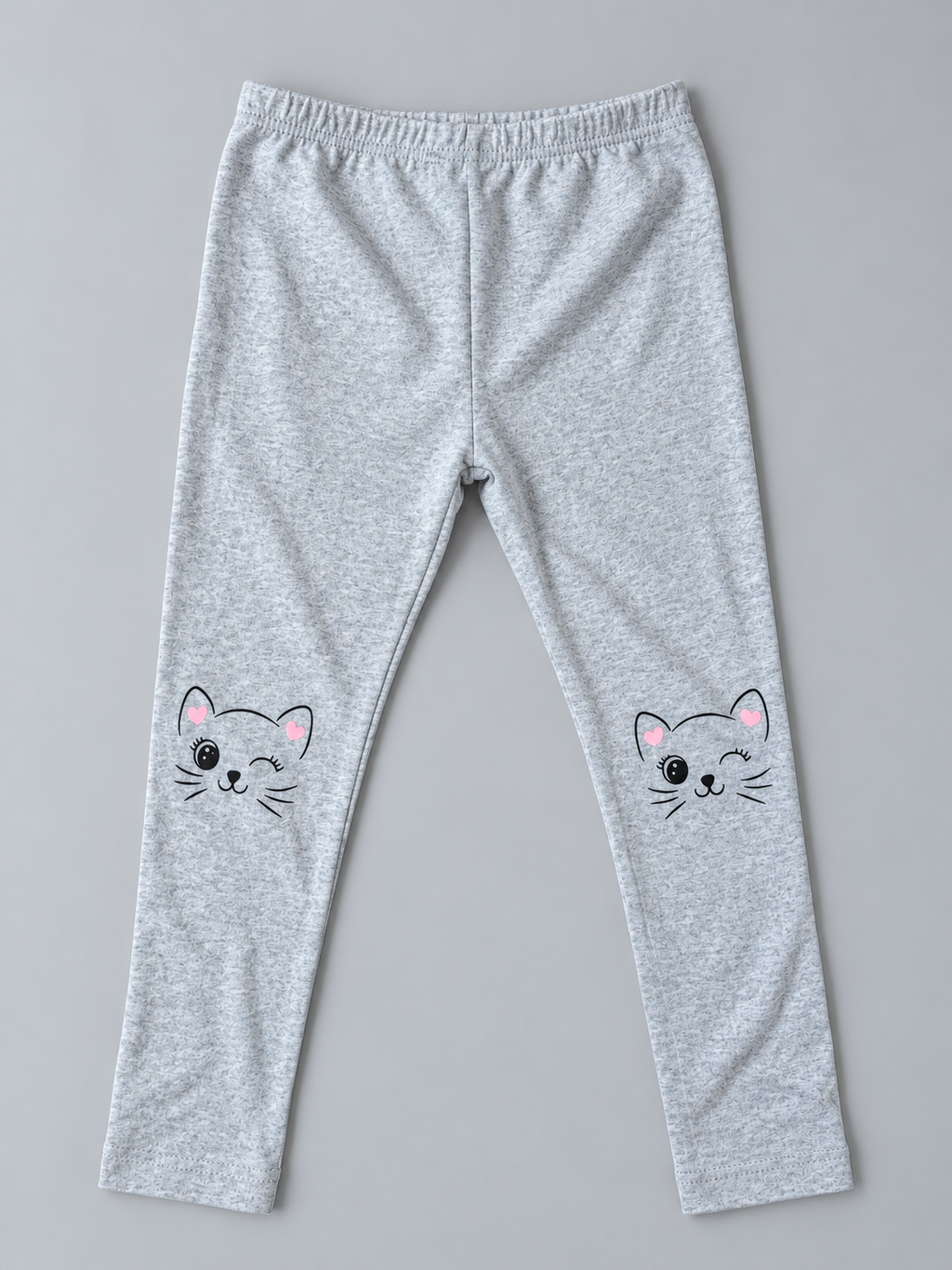 Girls heather gray leggings with cat face knee graphics and pink heart accents