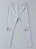 Girls heather gray leggings with cat face knee graphics and pink heart accents