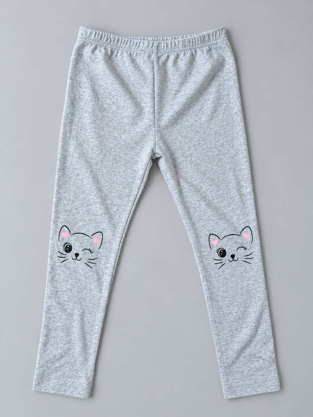 Girls heather gray leggings with cat face knee graphics and pink heart accents
