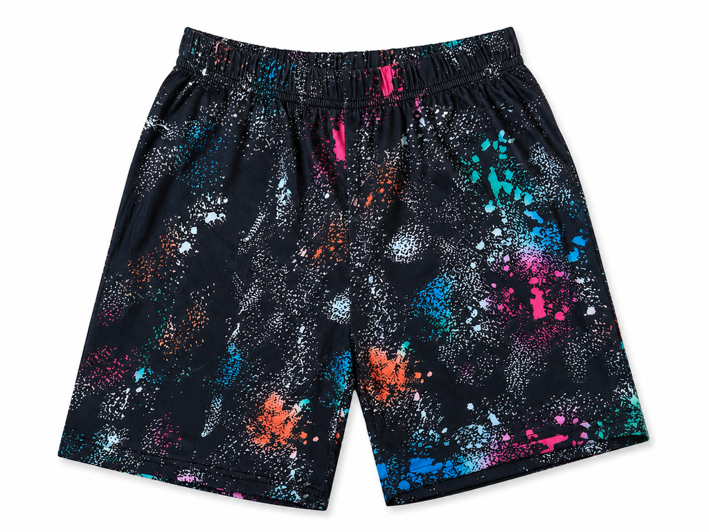 Shop these fun Black & Multi-Color Splatter Print Shorts featuring a vibrant all-over print, comfortable elastic waistband, and easy pull-on style for kids.