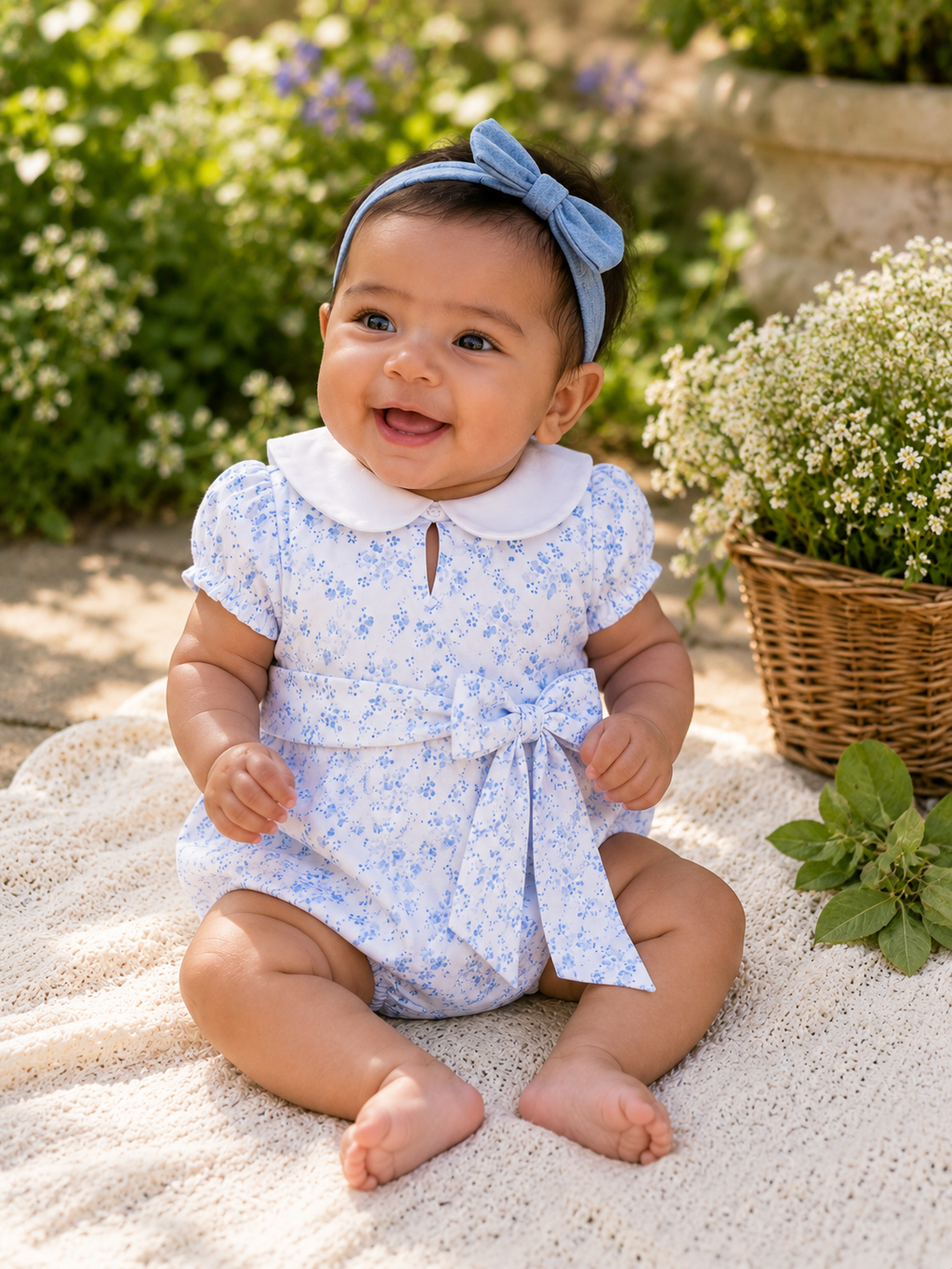A baby girl sitting outdoors on a cream knit blanket, wearing a light blue and white floral romper with a white Peter Pan collar, a light blue bow headband, and smiling in a sunny garden setting.