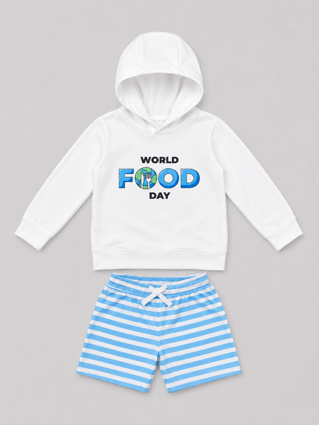 Shop the adorable World Food Day Hoodie & Blue Striped Shorts Set for kids. Featuring a fun food-inspired graphic, cozy white hoodie, and comfortable blue-and-white striped shorts.