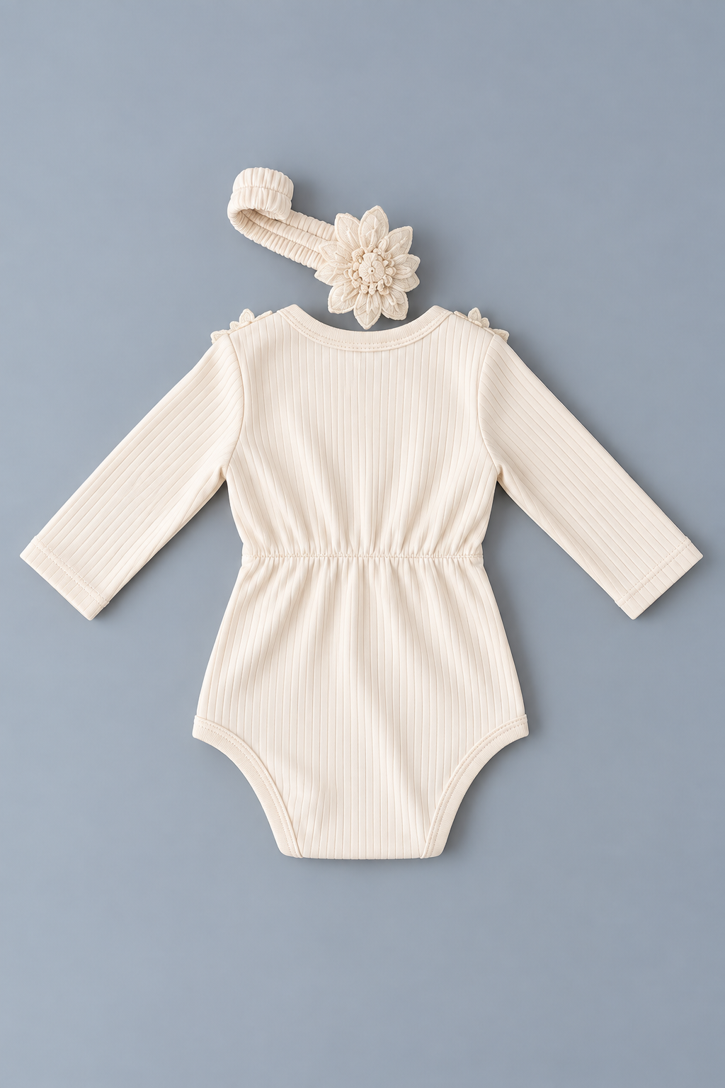 Back view of baby girl ivory ribbed romper with gathered waist and matching floral headband
