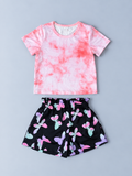 Girls pink and white tie-dye short-sleeve top with black pastel butterfly-print shorts two-piece outfit