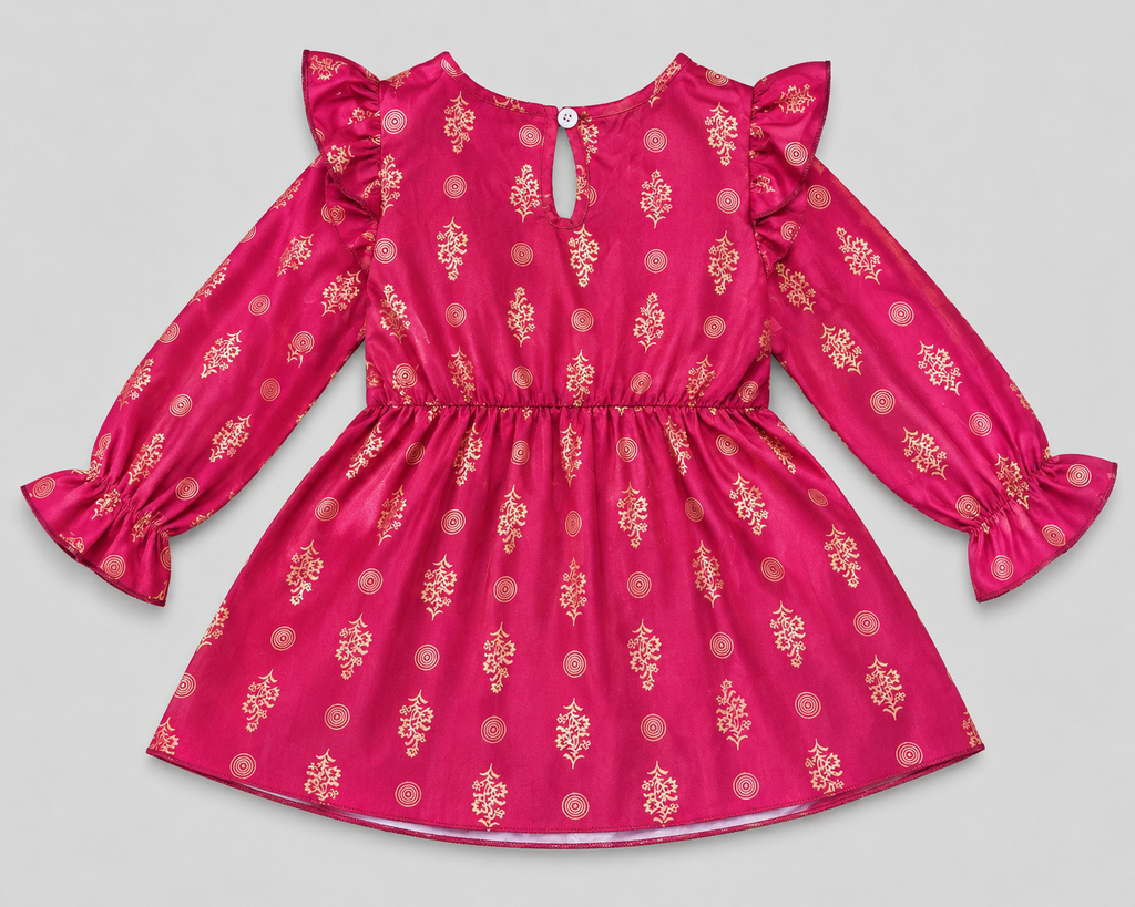Elegant girls' burgundy cold shoulder dress with gold embroidery and foil details. Perfect for holidays, birthdays, weddings, and special occasions.