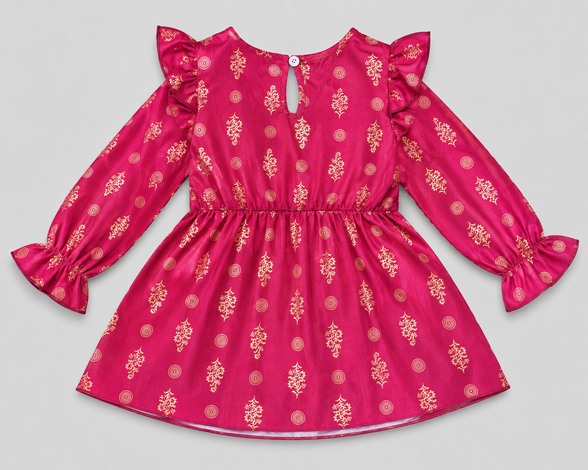 Elegant girls' burgundy cold shoulder dress with gold embroidery and foil details. Perfect for holidays, birthdays, weddings, and special occasions.
