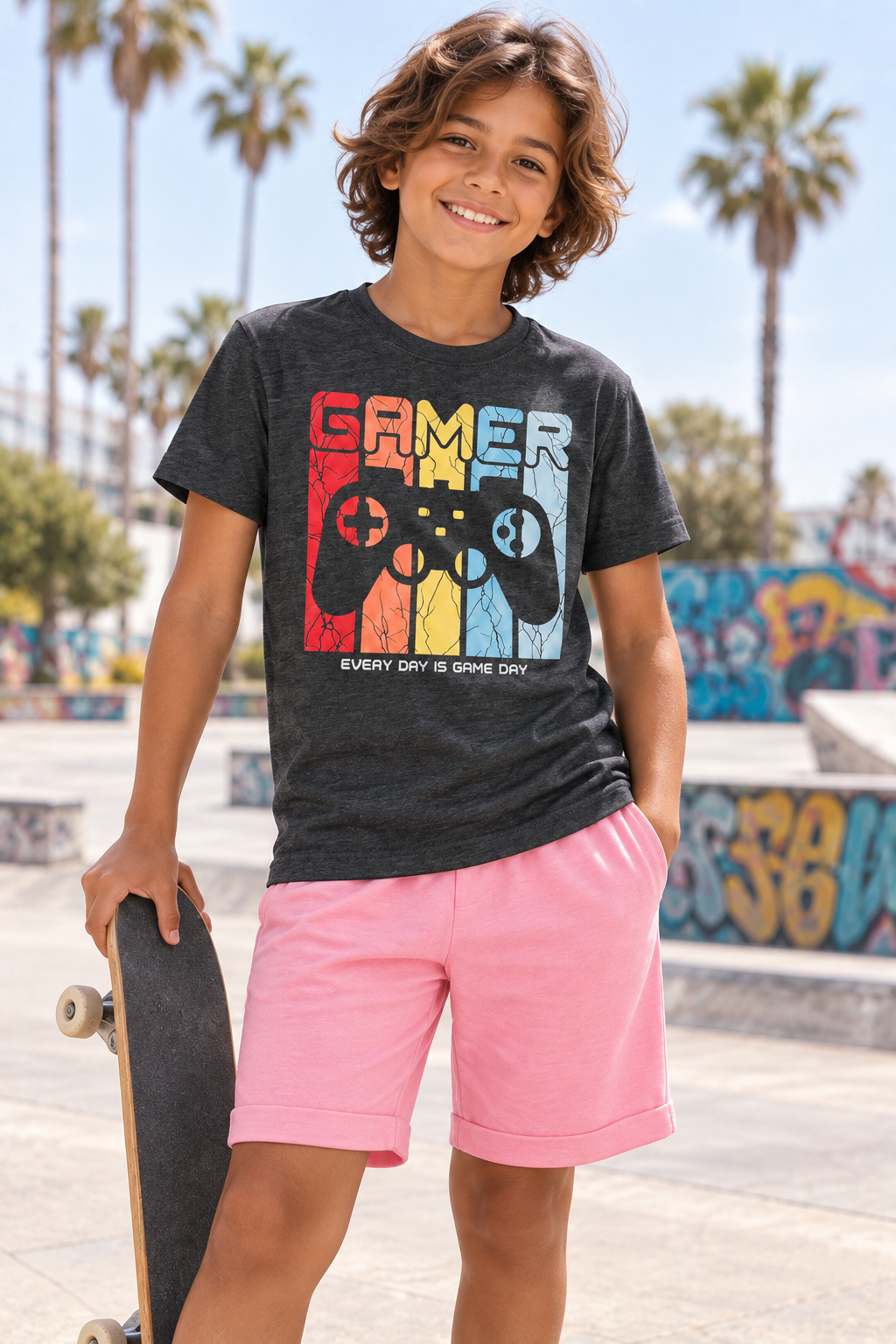 Gamer Graphic T-Shirt & Pink Shorts Set