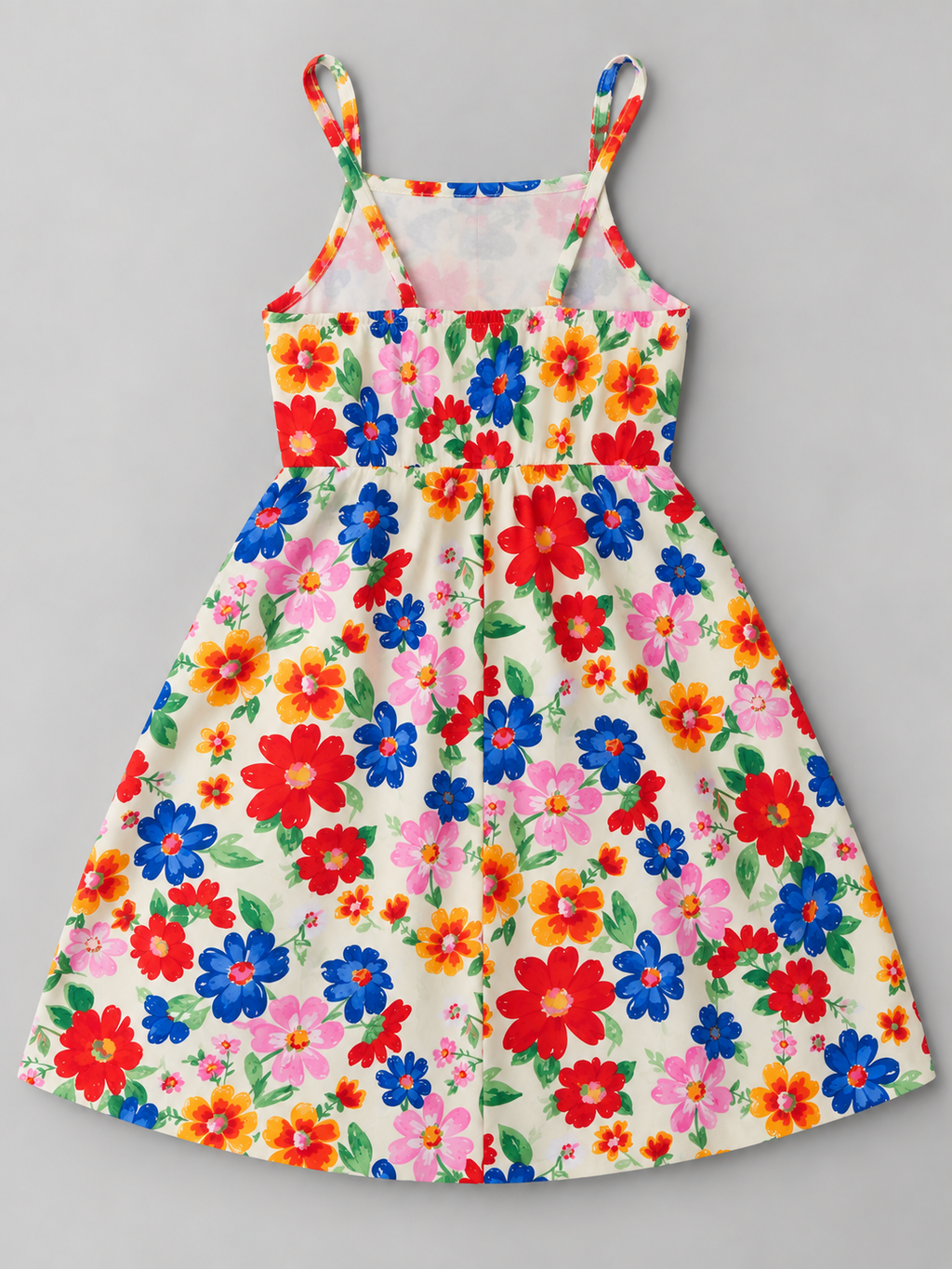 Back view of girls cream floral spaghetti strap dress with colorful red blue pink and orange flower print