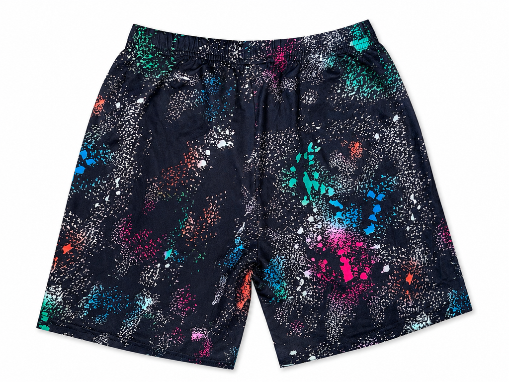 Shop these fun Black & Multi-Color Splatter Print Shorts featuring a vibrant all-over print, comfortable elastic waistband, and easy pull-on style for kids.