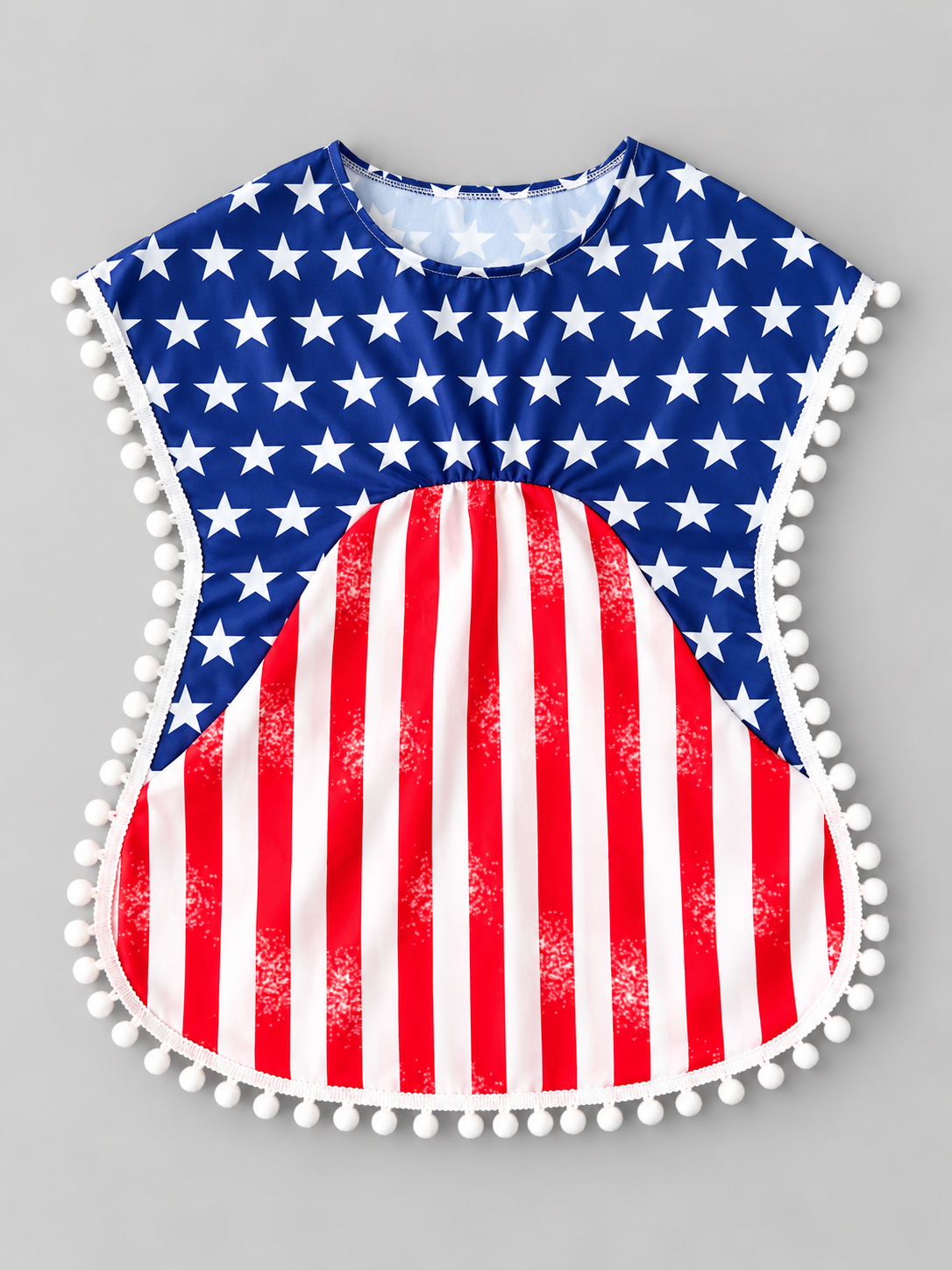 Girls patriotic red white and blue star and stripe dress with white pom-pom trim