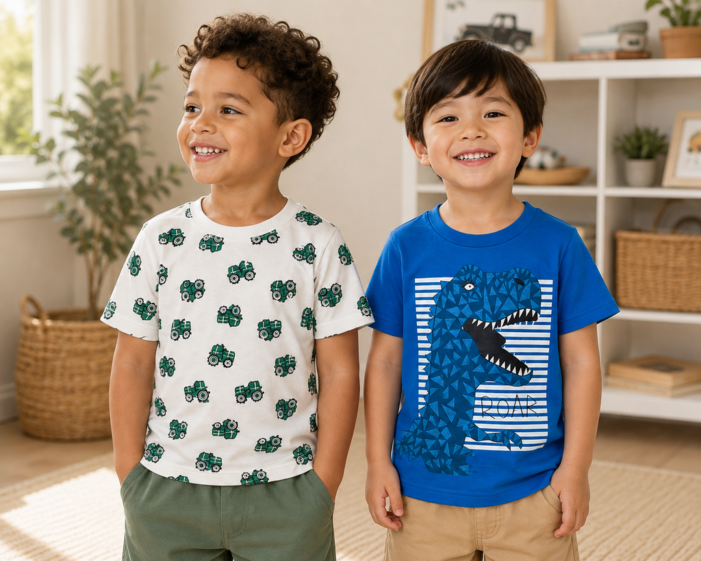 Shop this fun boys' T-shirt set featuring a green tractor print tee and a blue dinosaur “ROAR” graphic tee. Two playful short-sleeve shirts perfect for everyday wear, playtime, and adventures.