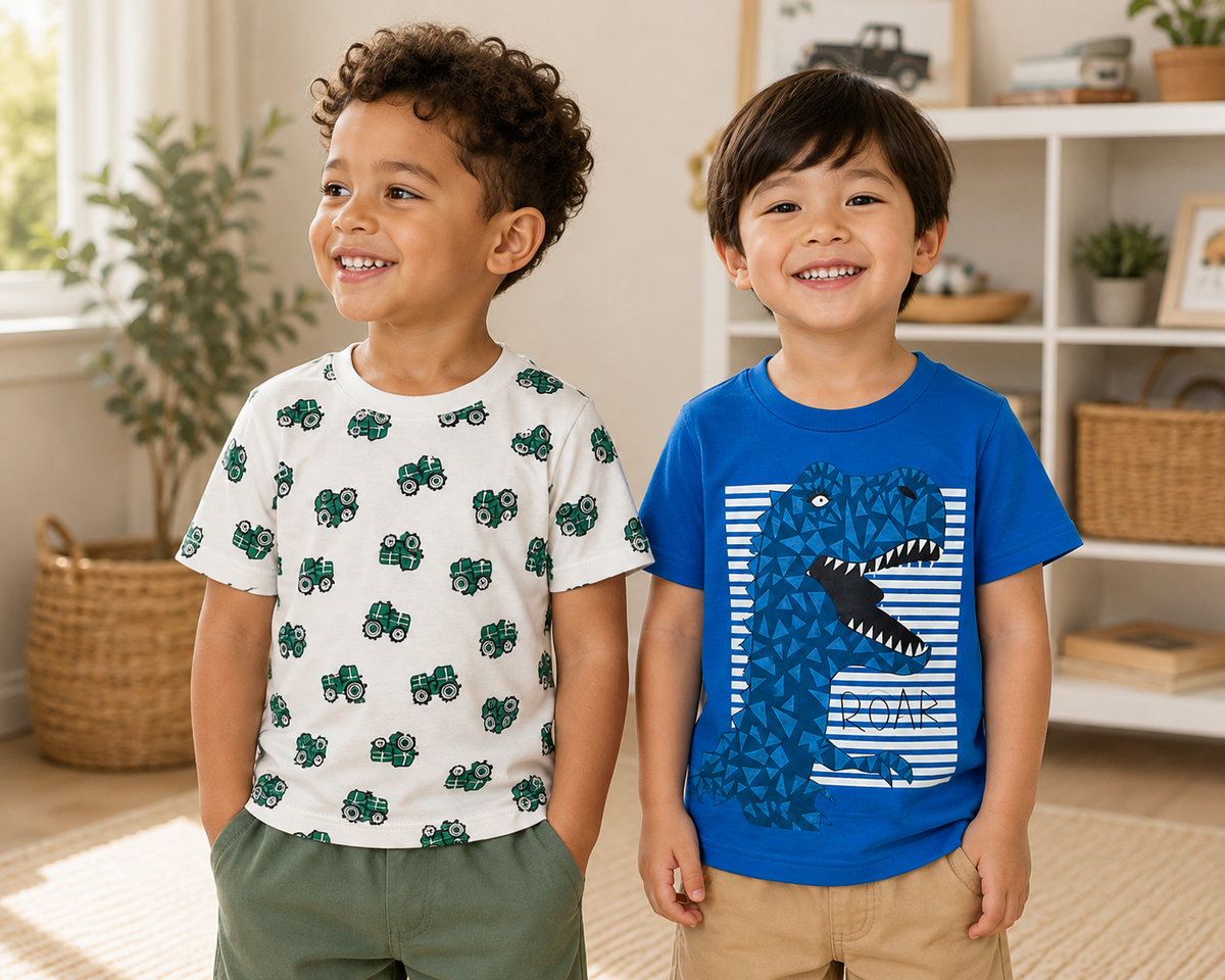 Shop this fun boys' T-shirt set featuring a green tractor print tee and a blue dinosaur “ROAR” graphic tee. Two playful short-sleeve shirts perfect for everyday wear, playtime, and adventures.