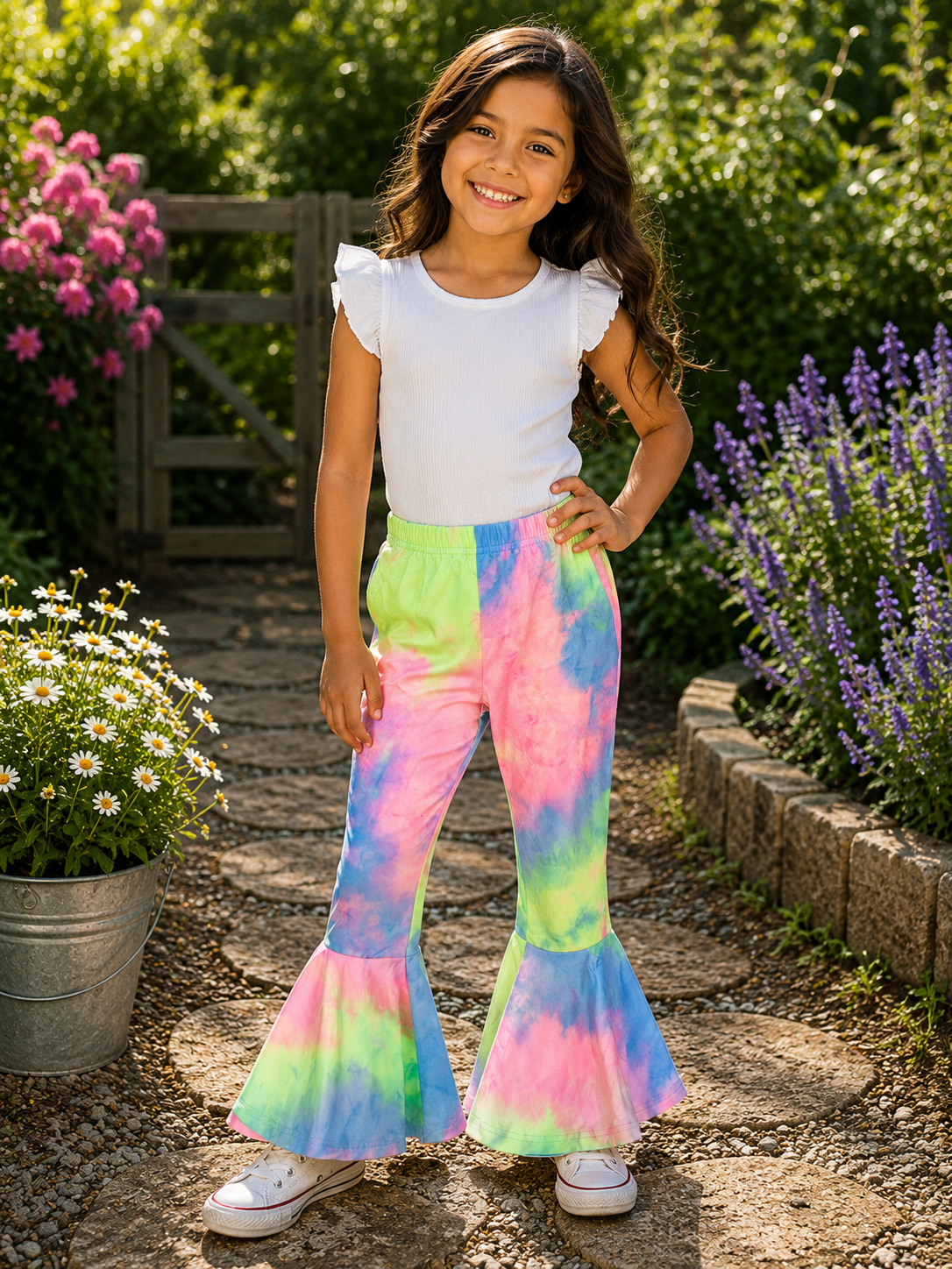 Girls Pastel Rainbow Tie-Dye Bell Bottom Pants | Flare Leggings