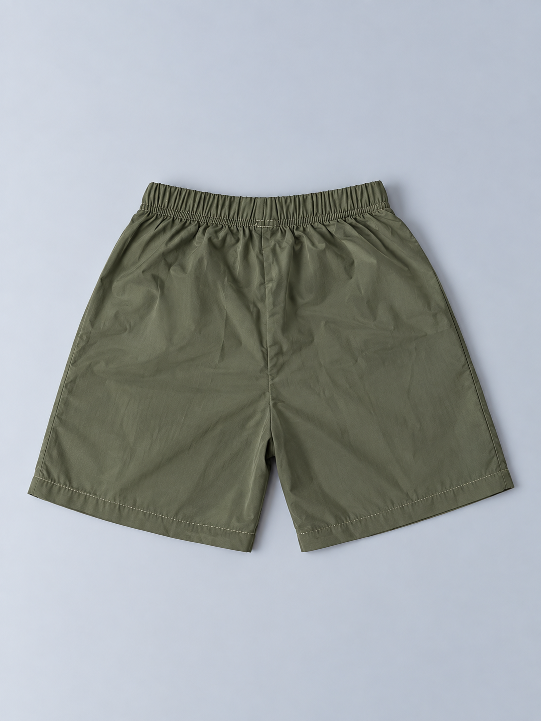 Boys olive green pull-on shorts with elastic waistband and clean back design
