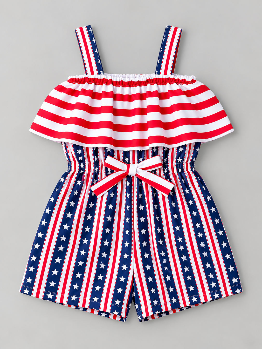 Girls red white and navy patriotic star and stripe romper with ruffled neckline and striped bow