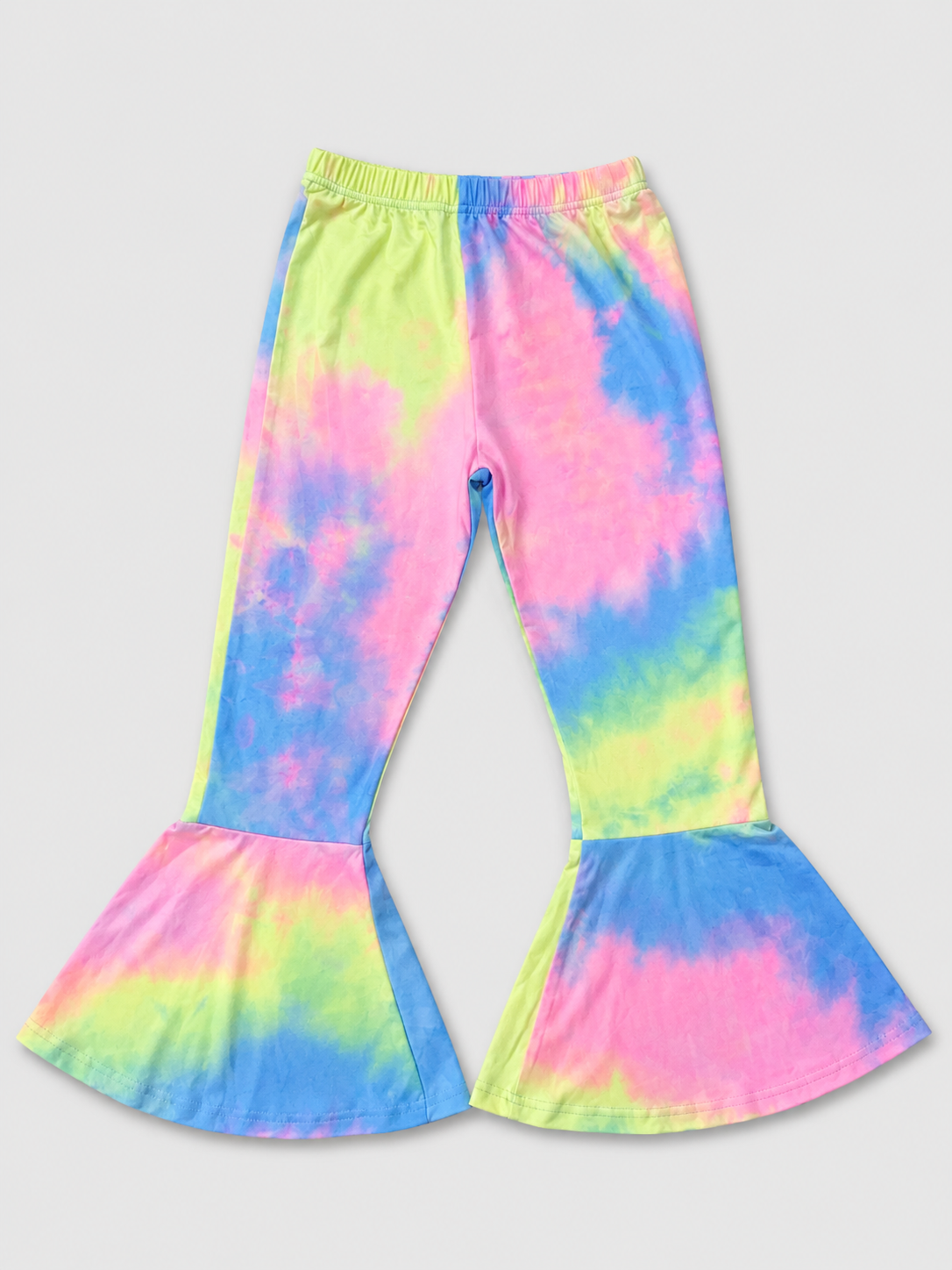 Shop girls pastel rainbow tie-dye bell bottom pants featuring a stretchy elastic waist and dramatic flare legs. Colorful boutique-style pants perfect for spring, summer, and everyday wear.