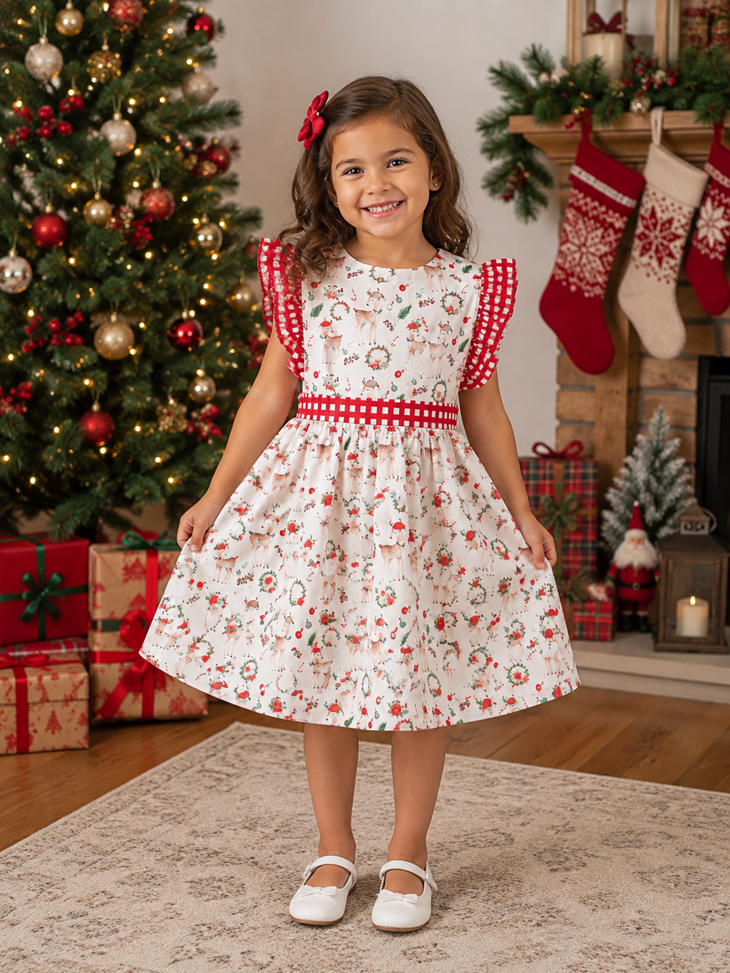 Christmas Fawn Gingham Flutter Sleeve Dress