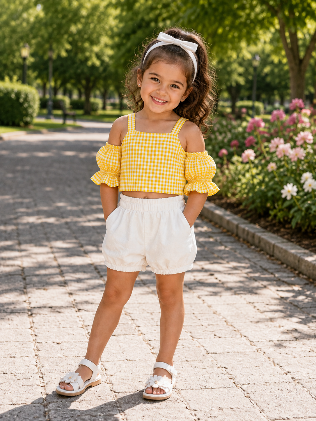 Yellow Gingham Puff-Sleeve Top & White Bloomer Shorts Set