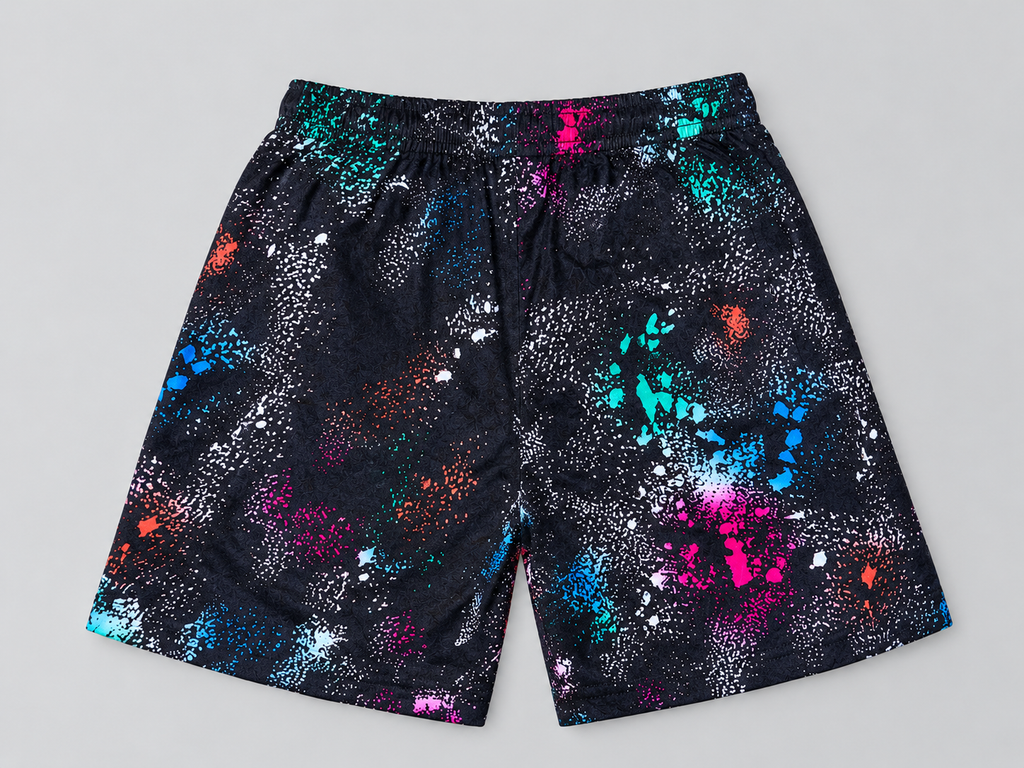 Kids black multicolor paint-splatter elastic-waist shorts, back view