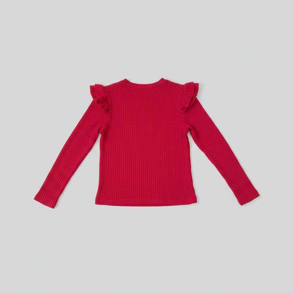 A bright red ribbed knit long-sleeve top with ruffled shoulder details.