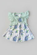 Elegant girls hydrangea floral dress with a textured mint green ruffle shrug. A boutique-style two-piece outfit perfect for Easter, weddings, birthdays, family photos, and special occasions.