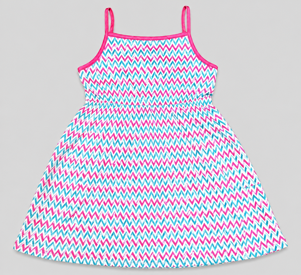 Brighten her summer wardrobe with this girls' pink and turquoise chevron sundress. Lightweight, breathable, and perfect for vacations, parties, beach days, and everyday fun.