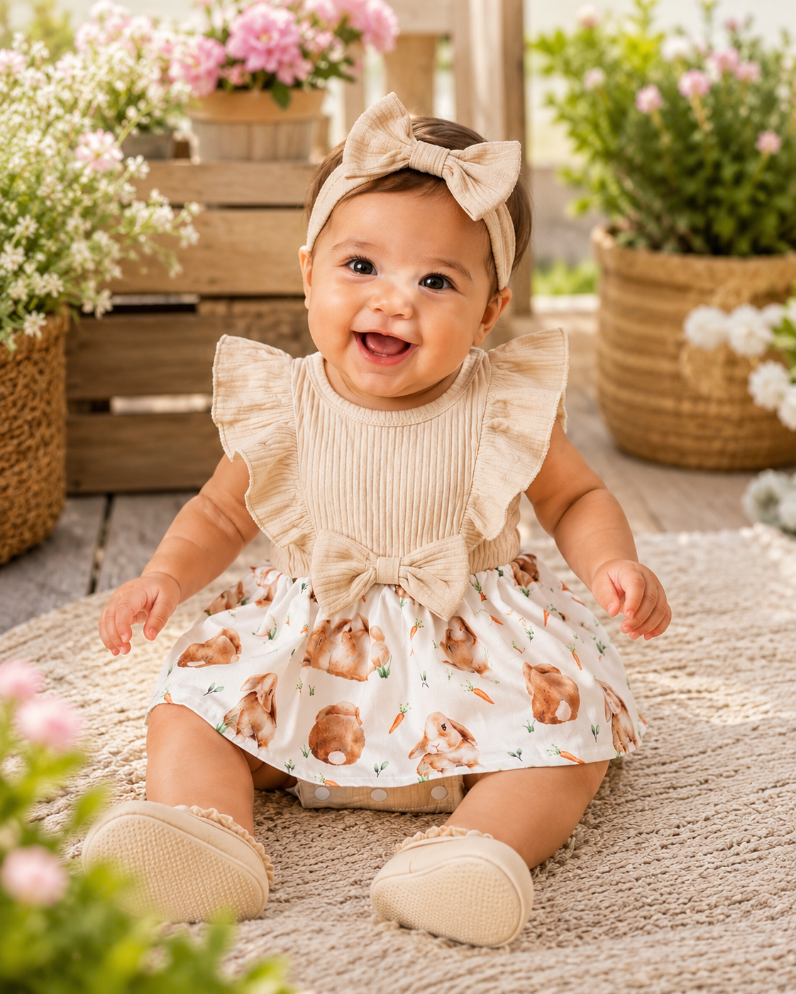 Baby Girls Bunny Print Flutter Sleeve Dress Romper