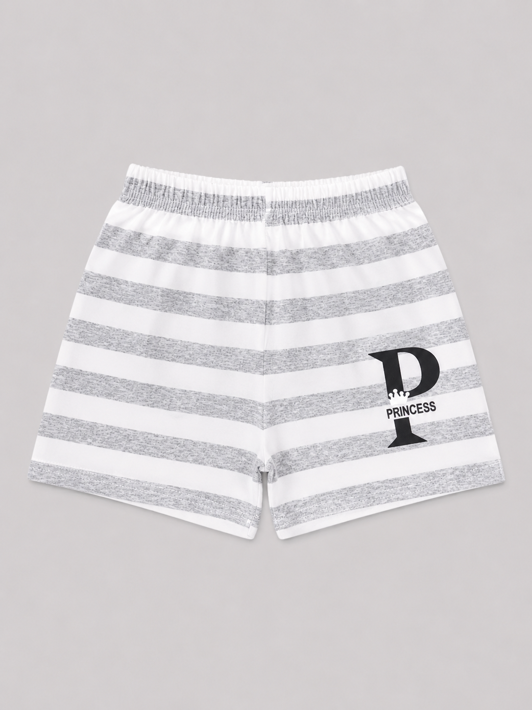 Shop adorable Gray & White Princess Striped Athletic Shorts for girls. Featuring a stylish striped design, elastic waistband, and fun Princess “P” graphic for everyday comfort and play.