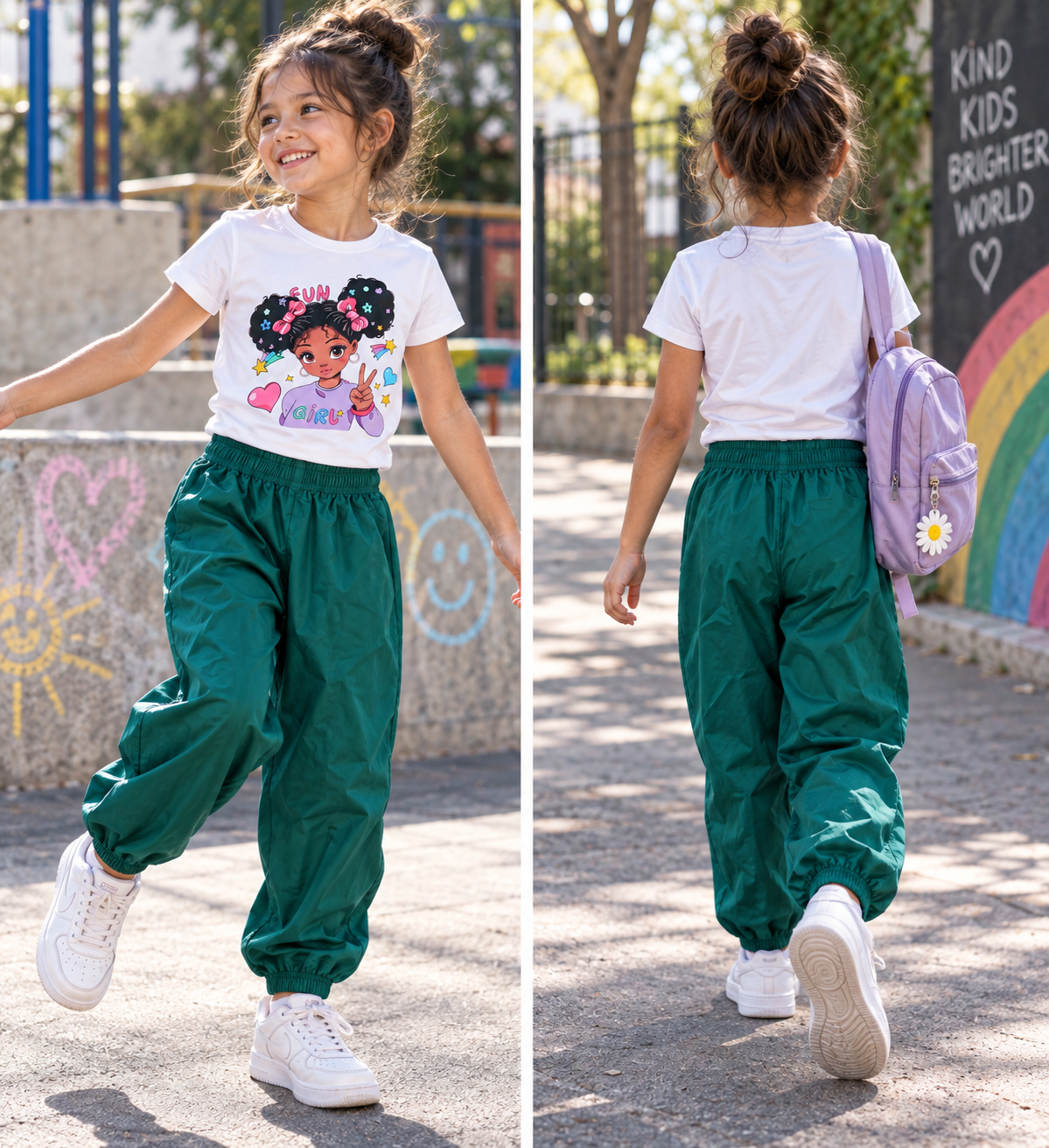 Girls Fun Girl Graphic Tee & Green Jogger Pants Set