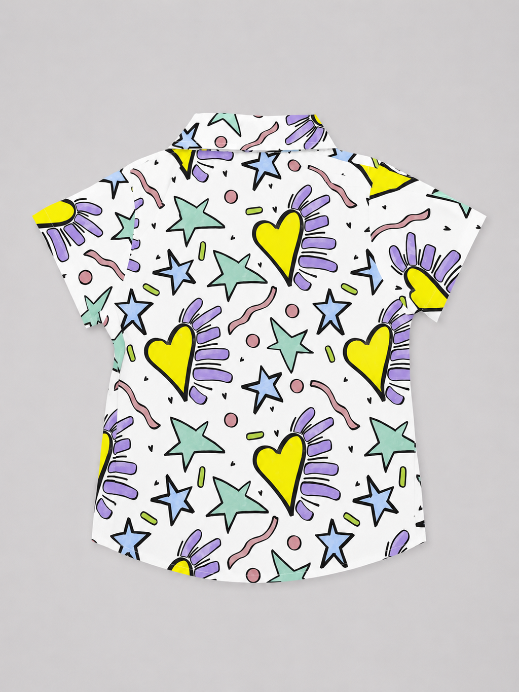 Shop this colorful Hearts & Stars Pattern Boys’ Short Sleeve Shirt featuring bright hearts, stars, and playful geometric details on a white button-up collared shirt. 100% Cotton.
