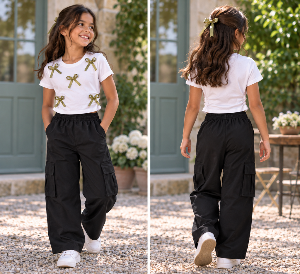 Girls Bow Accent Ruched Top & Black Cargo Pants Set