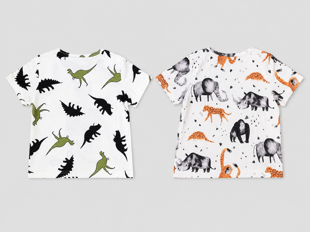 Shop this fun boys 2-piece dinosaur T-shirt set featuring two unique prehistoric and wild animal prints. Perfect for everyday wear, playtime, school, and casual outings.