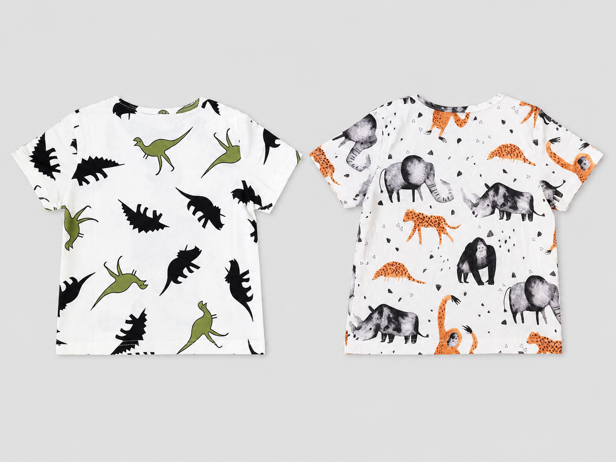 Shop this fun boys 2-piece dinosaur T-shirt set featuring two unique prehistoric and wild animal prints. Perfect for everyday wear, playtime, school, and casual outings.