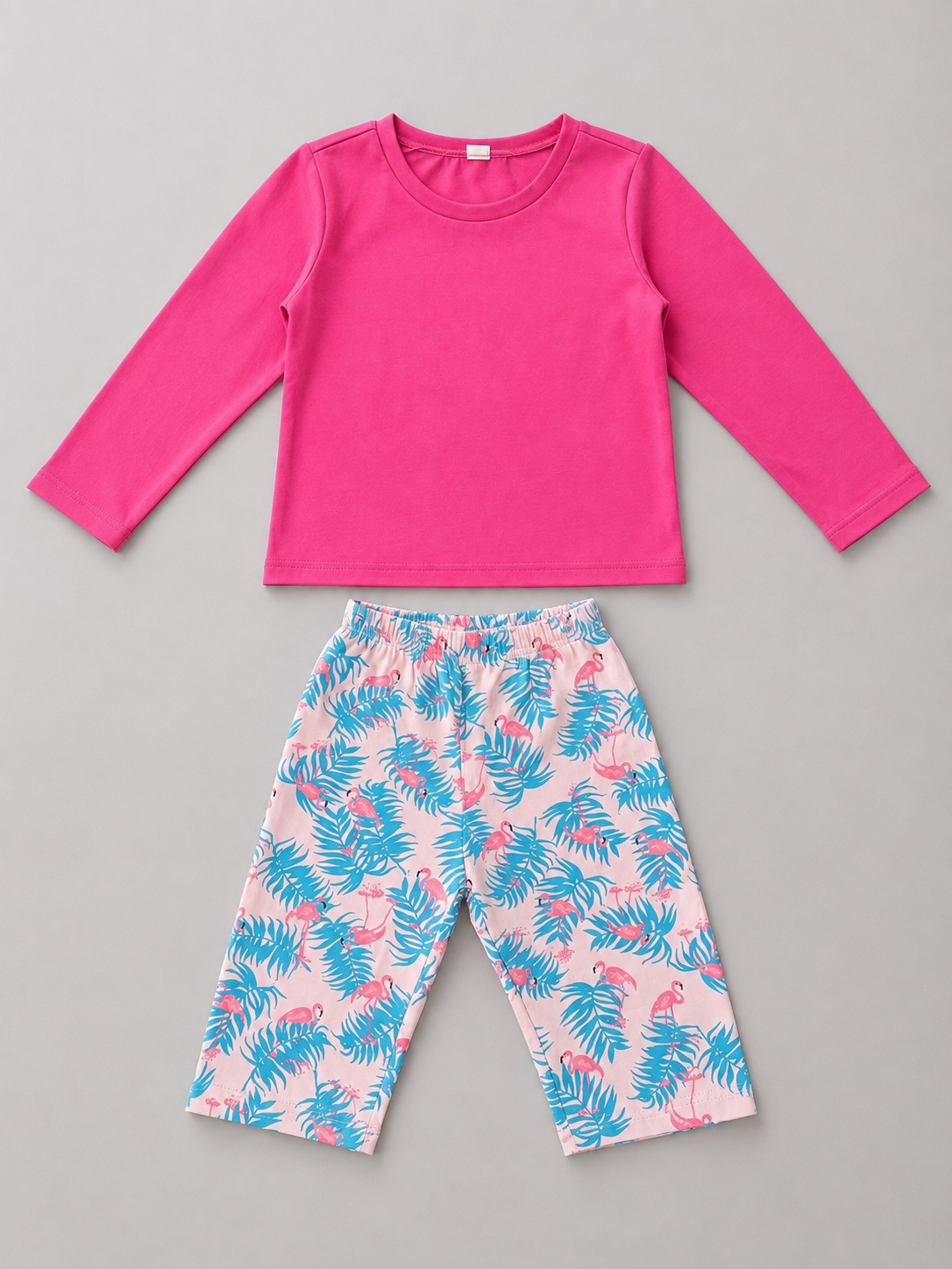 Shop this adorable girls 2-piece outfit set featuring a bright pink long-sleeve top and tropical flamingo and leaf print pants. A fun and colorful choice for everyday wear.