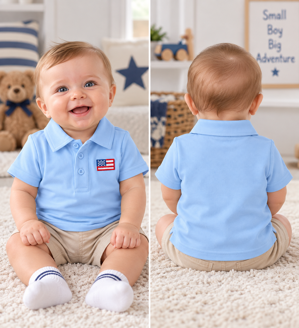 Boys Light Blue American Flag Polo Shirt