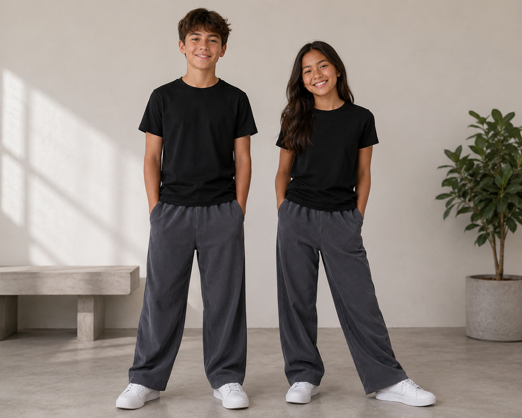 Black Tee & Charcoal Corduroy Wide-Leg Pants Set