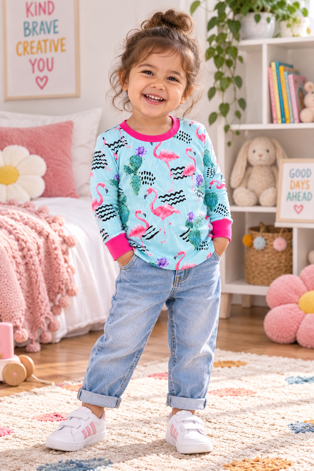 A young girl smiling in a cozy, colorful children's bedroom, wearing a light blue long-sleeve t-shirt with a pink flamingo and green cactus pattern, paired with light-wash jeans and white sneakers.