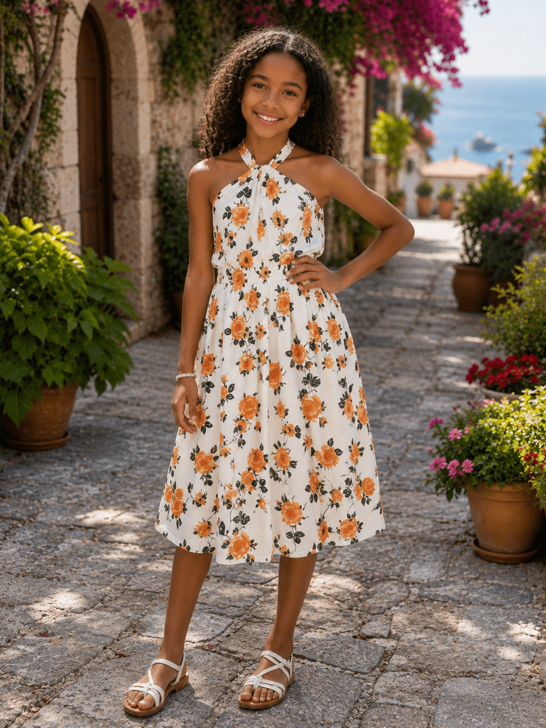 A young girl stands on a sunlit stone walkway wearing a white halter dress with an orange and dark gray floral print. The background features Mediterranean-style architecture, potted plants, and a glimpse of the blue sea.