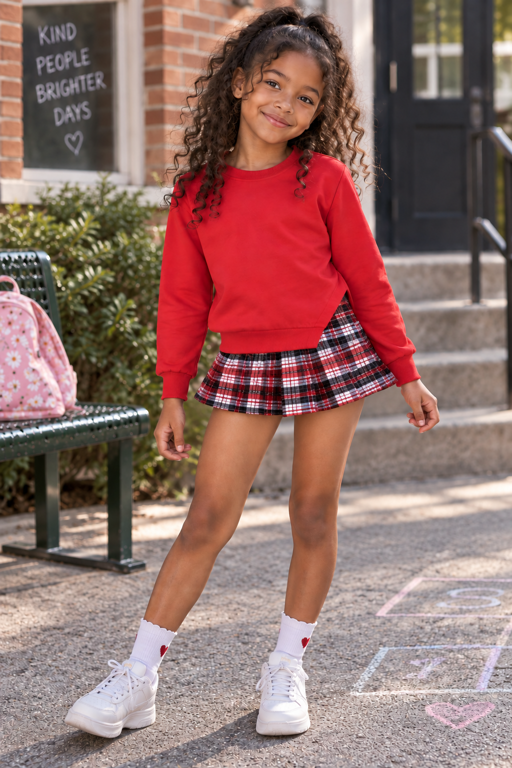A young girl with curly hair stands outdoors wearing a bright red long-sleeve crewneck sweatshirt and a red, black, and white plaid pleated mini skirt. She is also wearing white socks with red hearts and white sneakers.