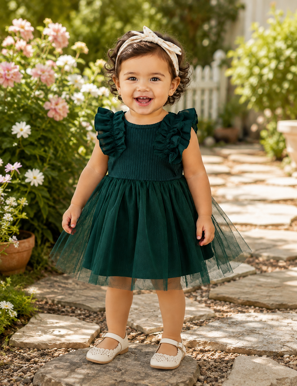 Baby Girl Forest Green Ruffle Tulle Dress – Ribbed Sleeveless Party Dress