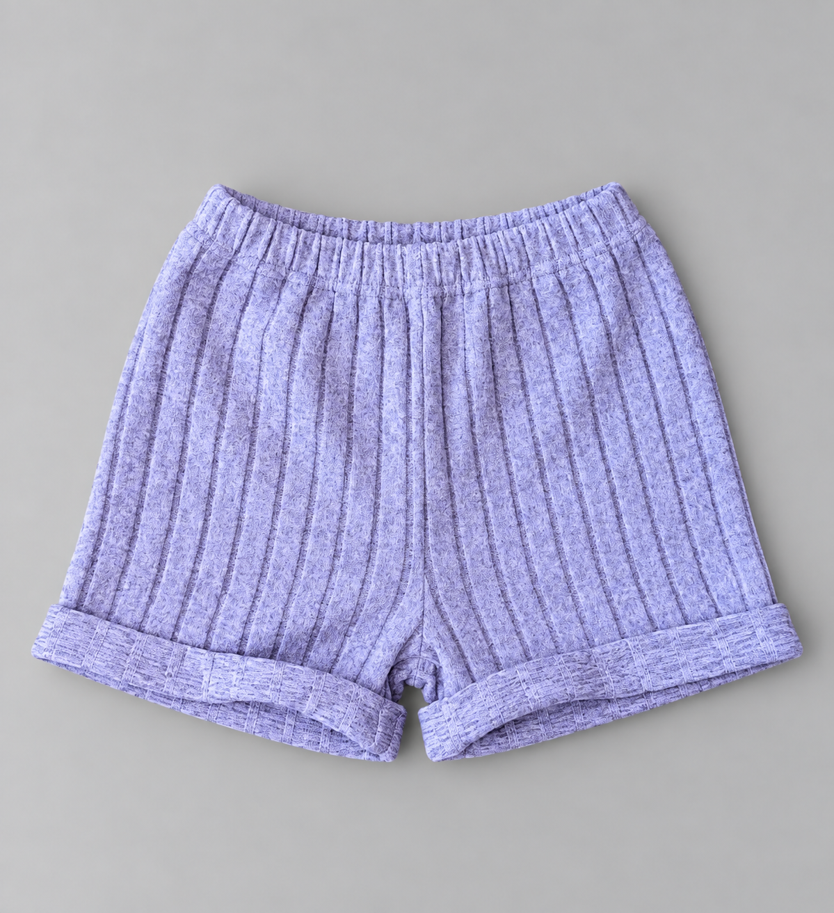 Kids lavender ribbed knit pull-on shorts with elastic waistband and rolled cuffs